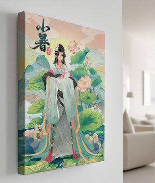 Elegant woman in traditional attire with lotus flowers and serene backdrop