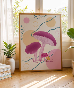 Champignons vibrants sur fond géométrique abstrait 