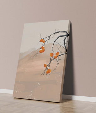 Branch with Persimmons and Snow in Minimalistic Landscape