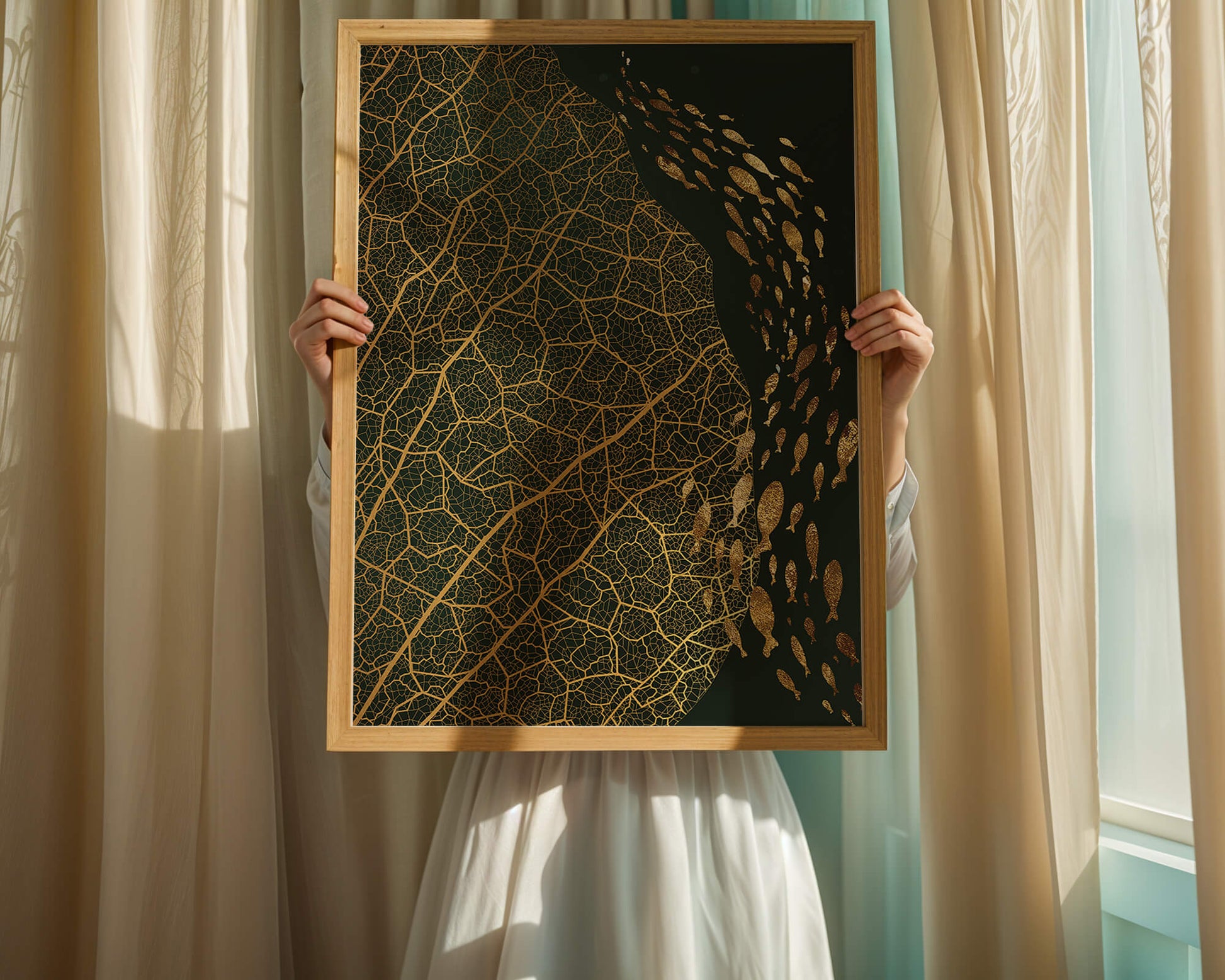 Hoja abstracta con patrón geométrico y siluetas de peces