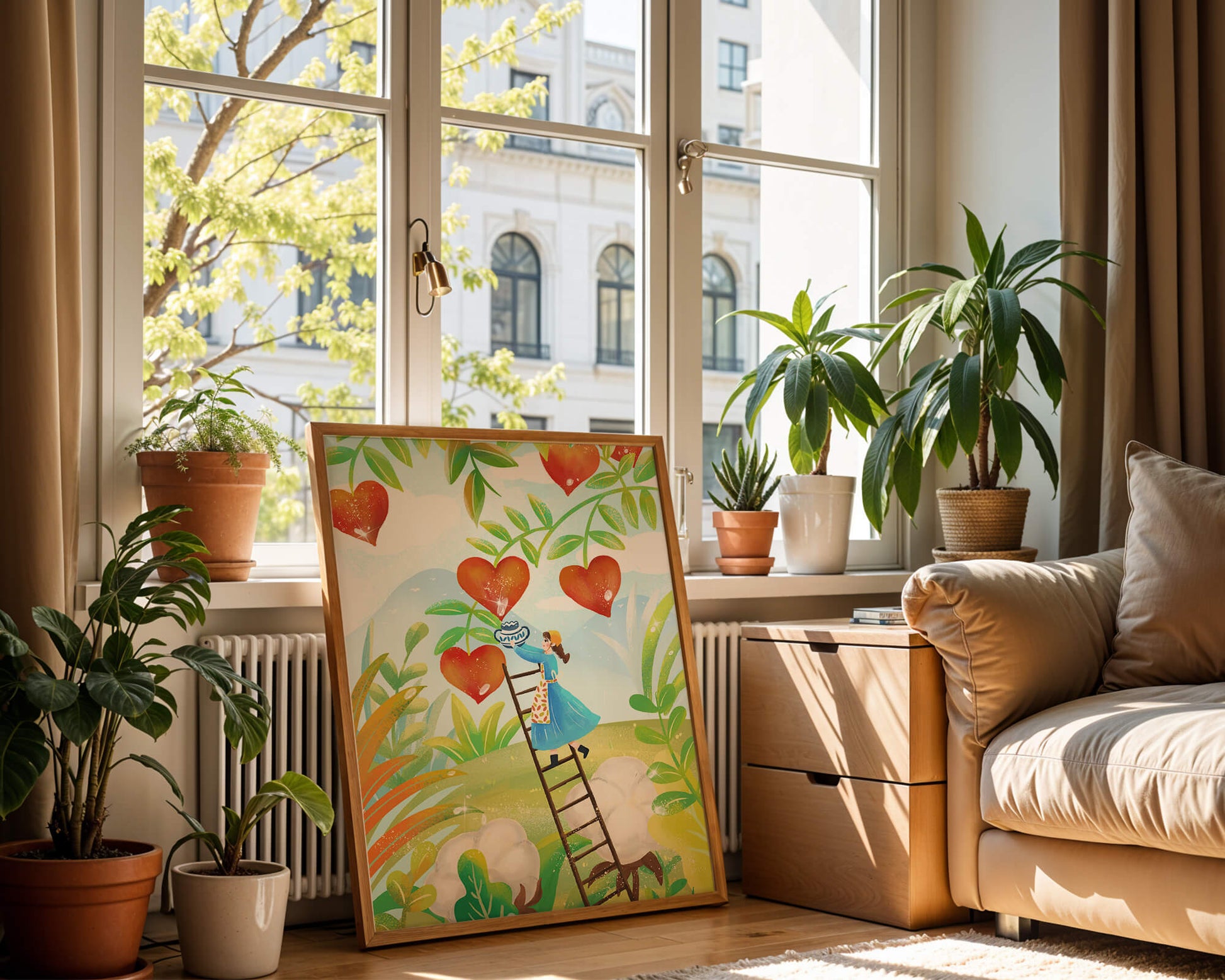 Mujer recolectando frutas en forma de corazón en el vibrante campo
