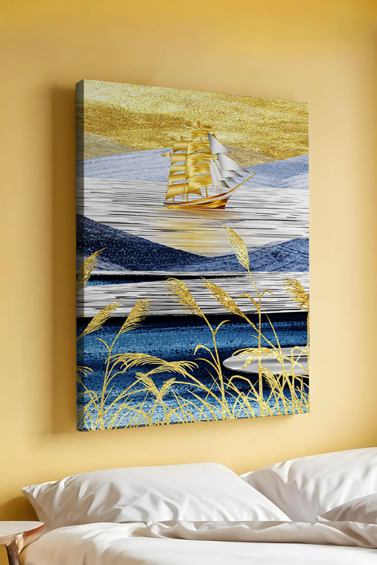 Golden Sailboat on Blue and Gold Landscape