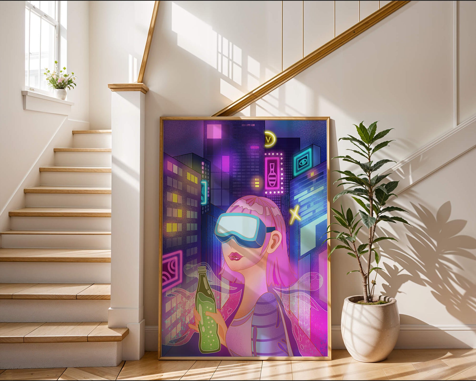 Futuristic urban scene with neon lights and virtual reality elements