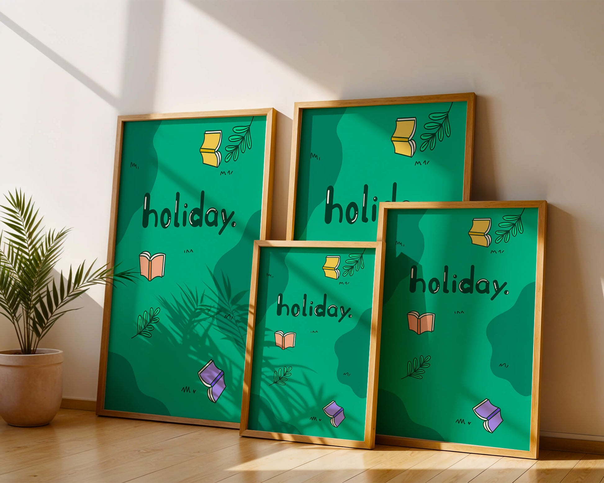 Colorful holiday-themed design with books and leaves