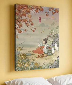 Traditional Chinese painting with autumn scenery and lady sipping tea