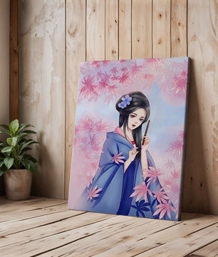 Ilustración elegante de una geisha con kimono azul y hojas rosadas