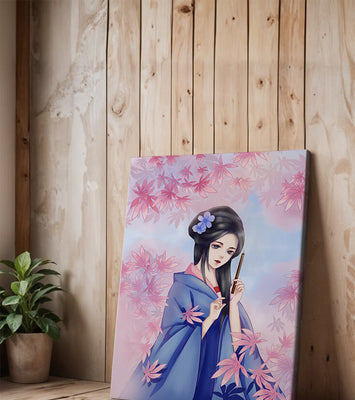Elegant Geisha Illustration in Blue Kimono with Pink Leaves