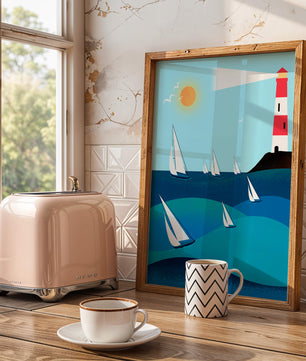 Coastal scene with sailboats and lighthouse on a bright sunny day