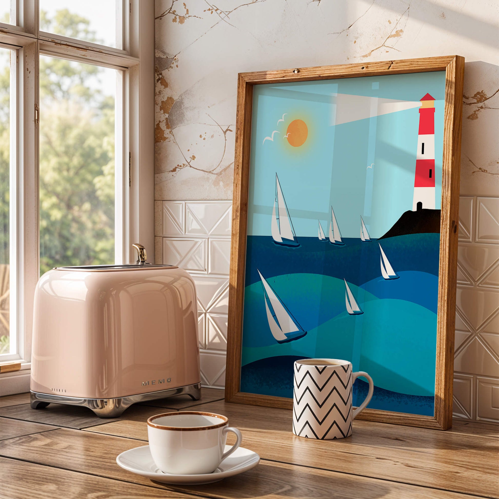 Coastal scene with sailboats and lighthouse on a bright sunny day
