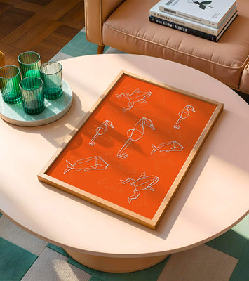 Geometric animal patterns on vibrant orange background