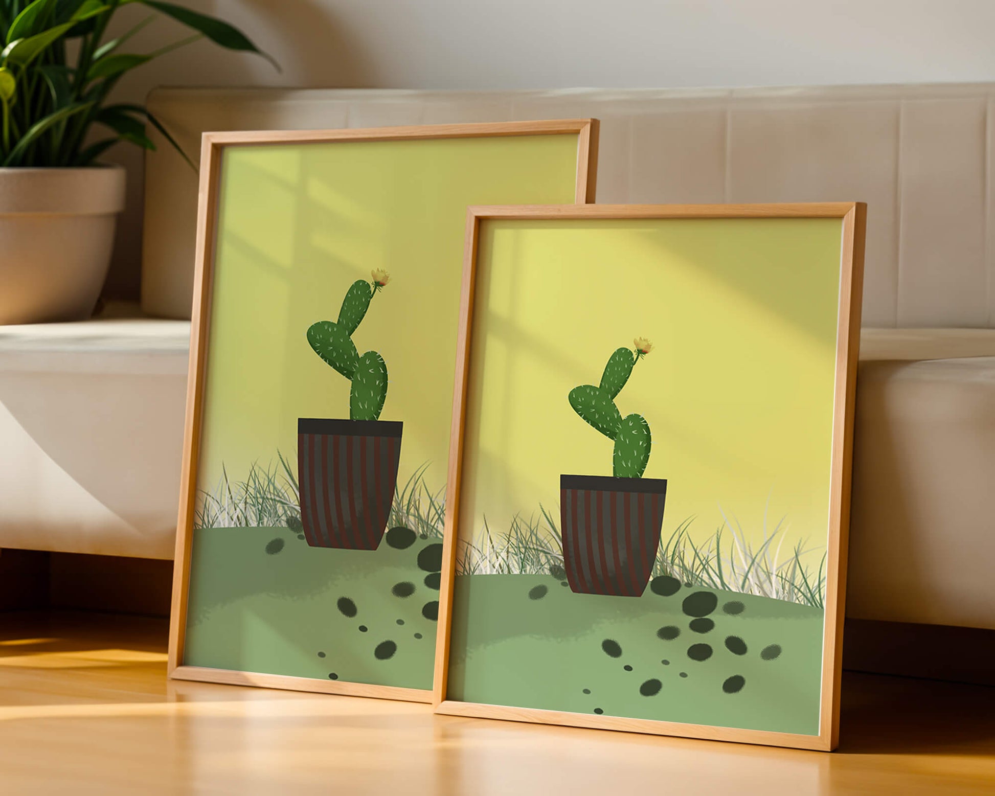 Illustration of a potted cactus with flower on soft background