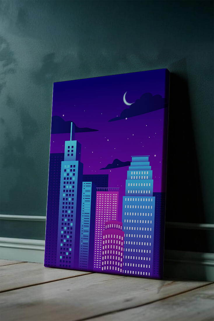 Vibrant city skyline at night with modern skyscrapers and starry sky