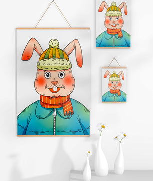 Whimsical cartoon bunny in winter attire with a striped scarf and beanie hat