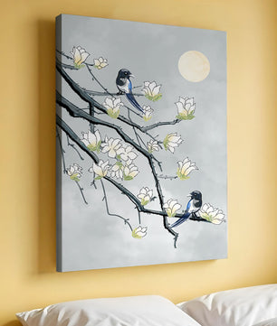 Magpies on Blooming Branches under Full Moon