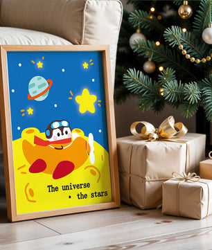 Colorful cartoon airplane with stars and planets in space
