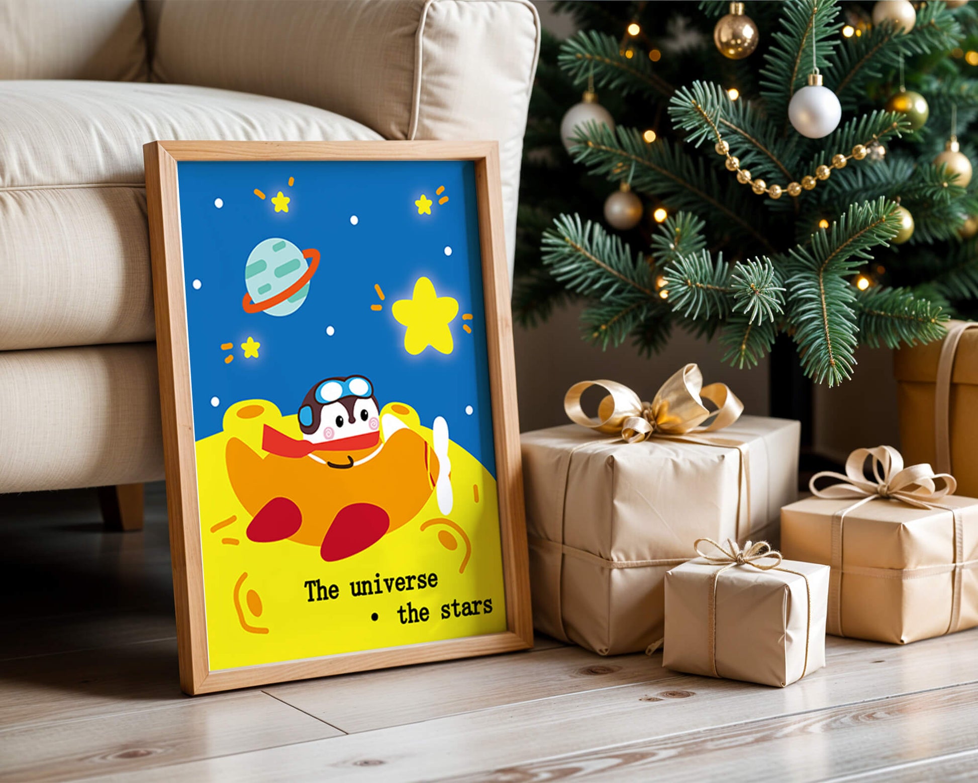 Colorful cartoon airplane with stars and planets in space