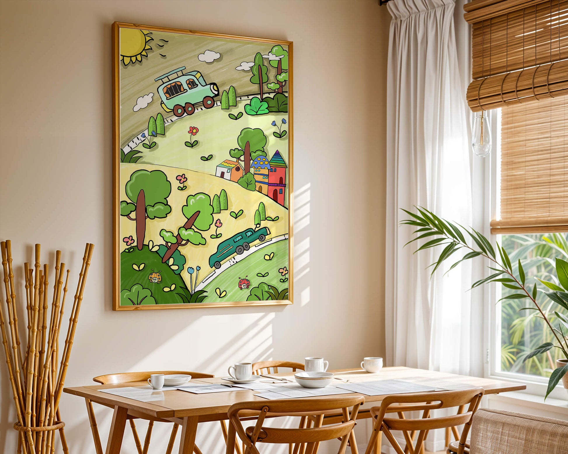 Whimsical landscape with houses, cars, and colorful flora