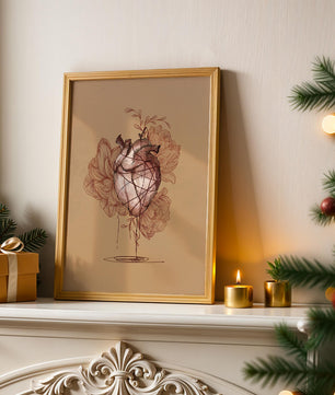 Ilustración detallada de un corazón anatómico con elementos florales sobre fondo beige