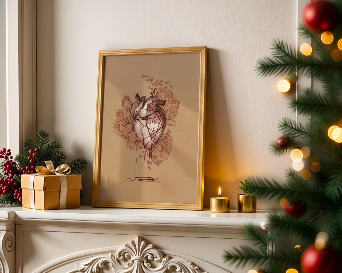 Ilustración detallada de un corazón anatómico con elementos florales sobre un fondo beige.