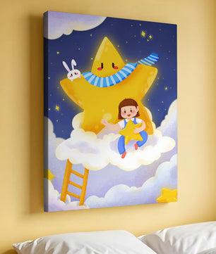 Enfant fantaisiste assis sur un nuage avec une étoile et un lapin dans le ciel nocturne