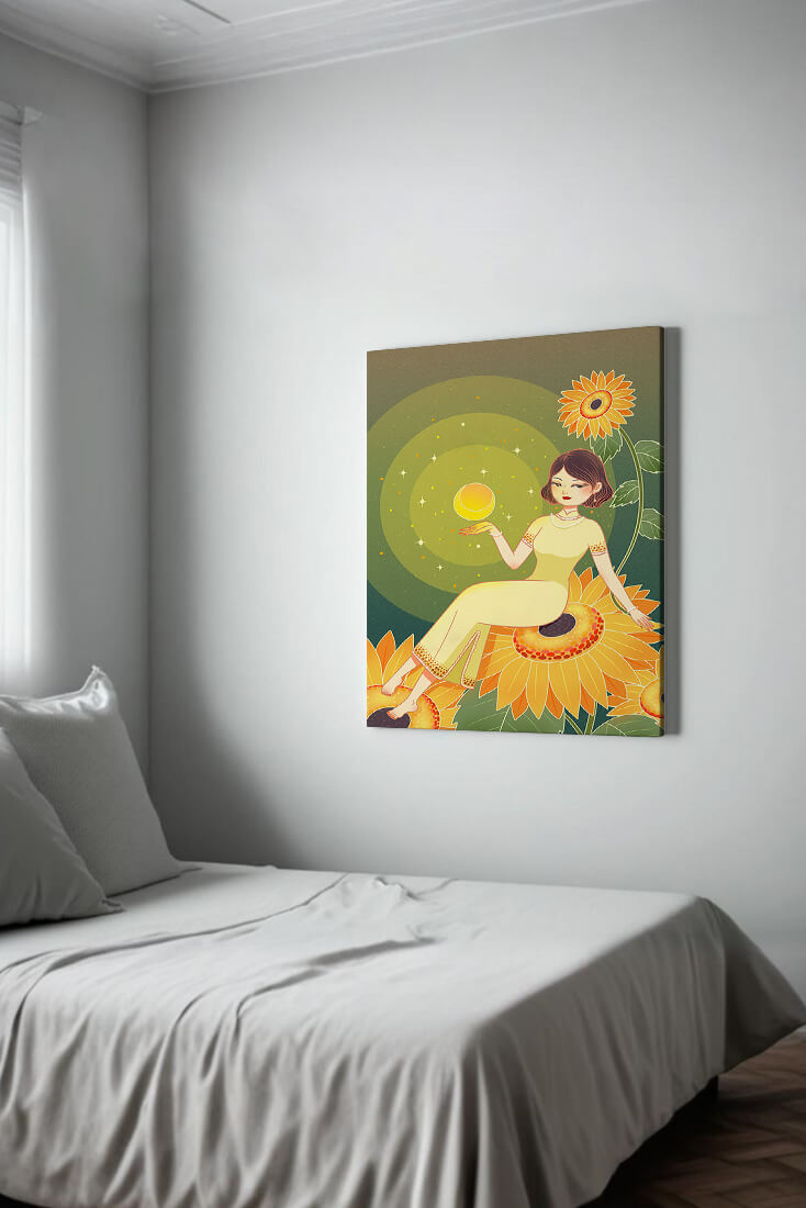 Elegant illustration of a woman on sunflowers with glowing orb