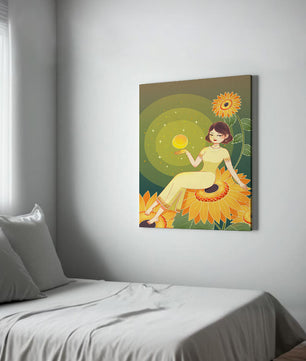 Elegant illustration of a woman on sunflowers with glowing orb