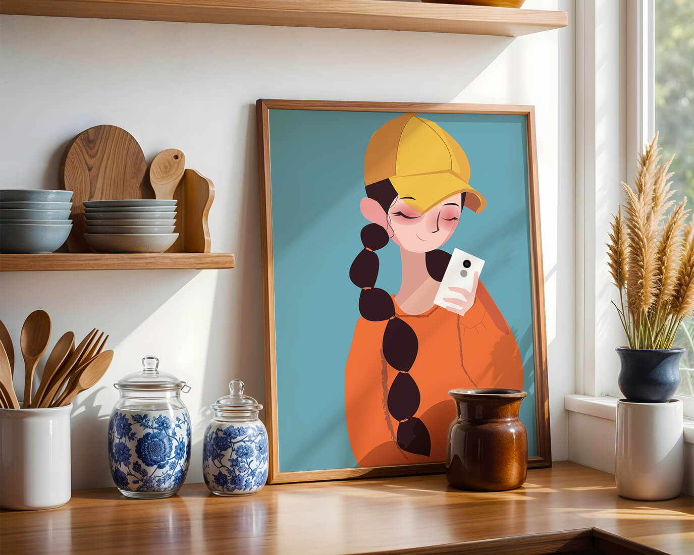 Colorful illustration of a girl with a smartphone