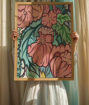 Elegant floral pattern illustration with pink blossoms and green leaves