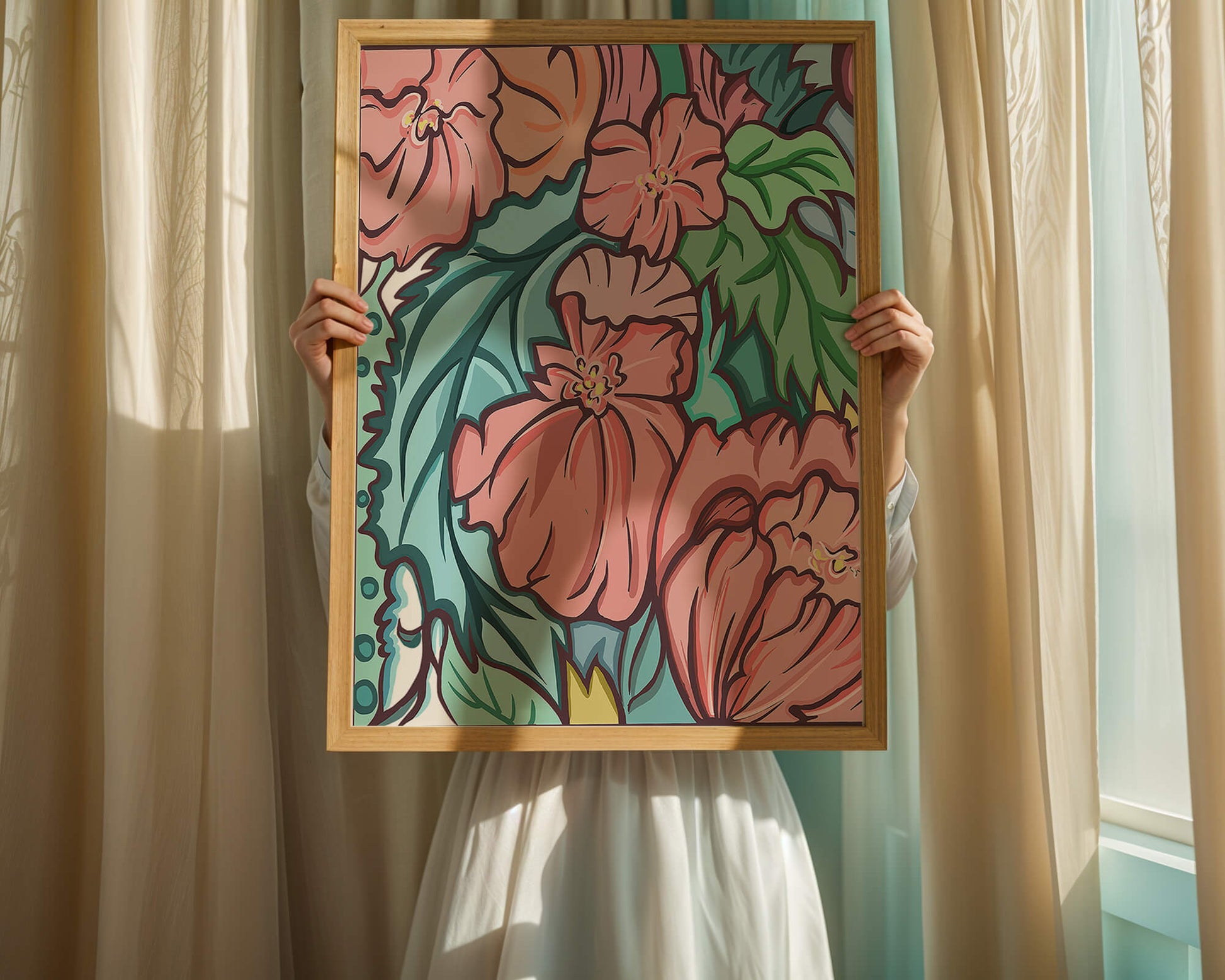 Elegant floral pattern illustration with pink blossoms and green leaves