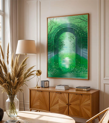 A serene green garden tunnel with reflective water