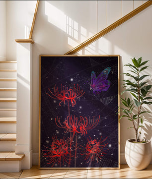 Vivid Night Sky with Red Spider Lilies and Purple Butterfly - Mi tienda
