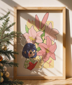 Illustration d'une fille lisant avec de grands lys roses en arrière-plan