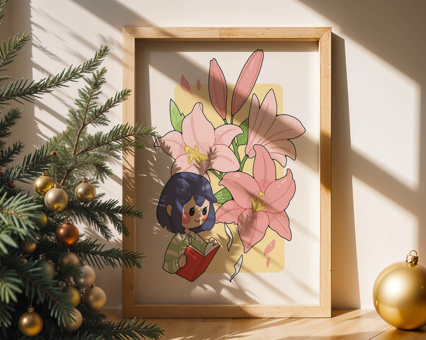 Illustration of a girl reading with large pink lilies in the background