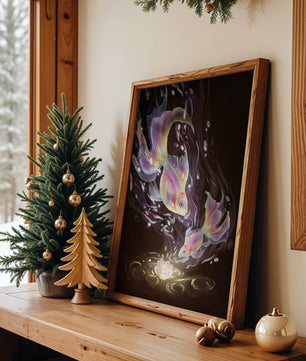 Colorful Koi Fish in a Dreamlike Underwater Scene with Illuminated Elements