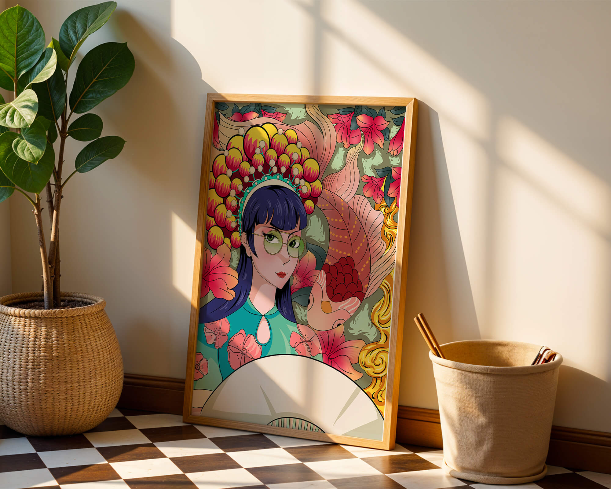 Colorful illustration of a woman with floral headdress and fish background