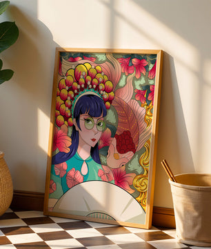 Illustration colorée d’une femme avec une coiffe florale et un fond de poissons