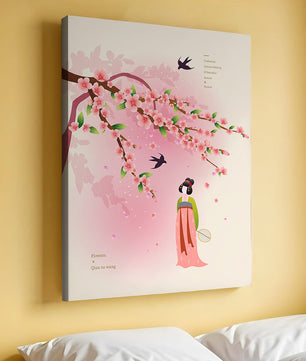 Art chinois traditionnel avec des fleurs de cerisier et une silhouette élégante