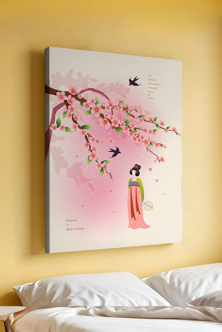 Traditional Chinese art with cherry blossoms and elegant figure