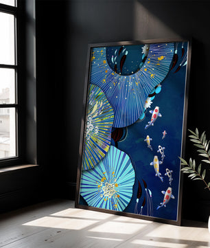 Scène sous-marine vibrante avec des carpes koï et un motif floral abstrait