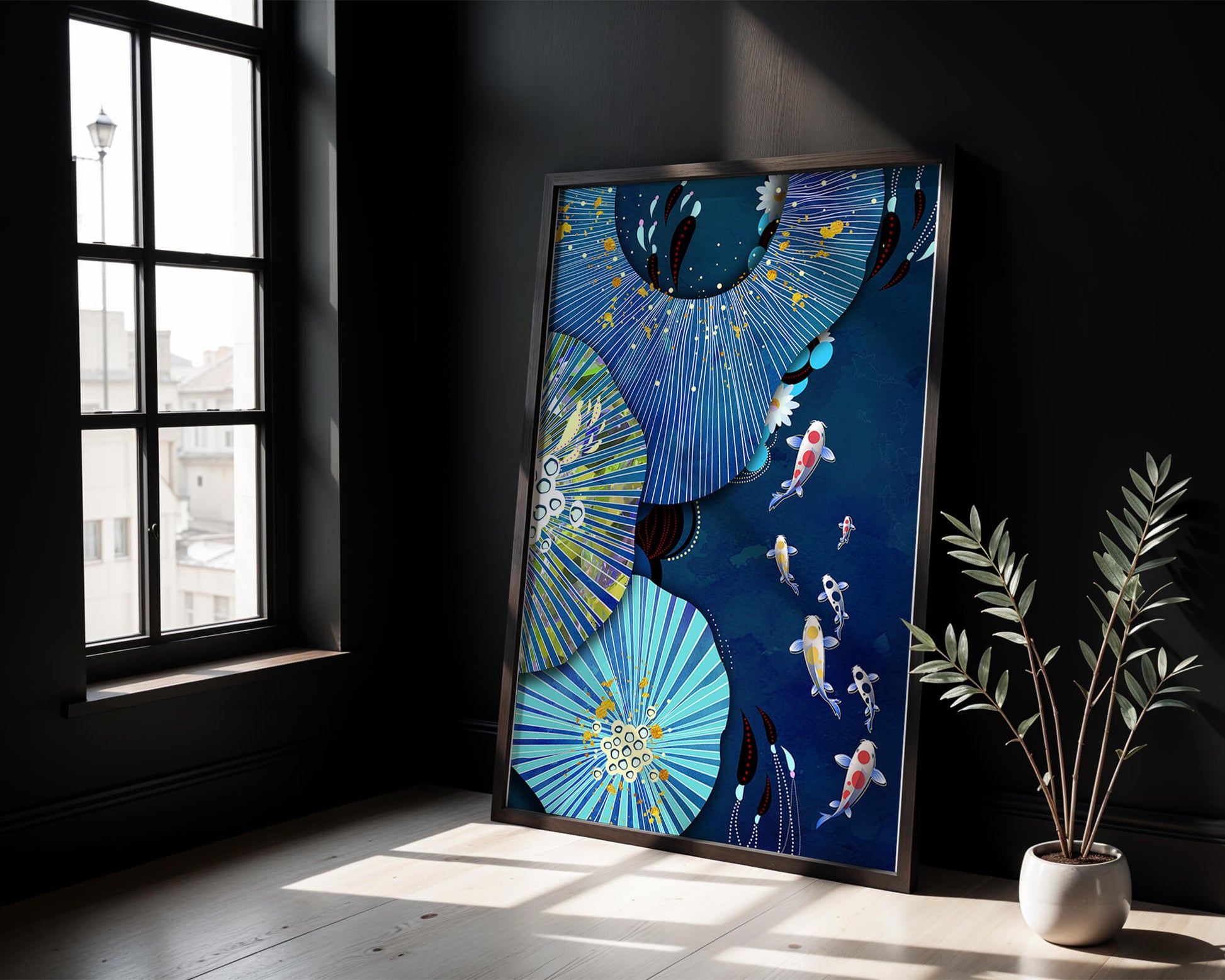 Vibrant underwater scene with koi fish and abstract floral design