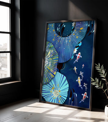 Vibrant underwater scene with koi fish and abstract floral design
