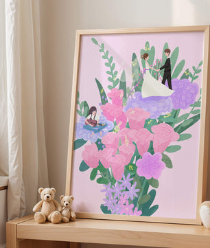 Whimsical wedding scene amidst colorful floral arrangement