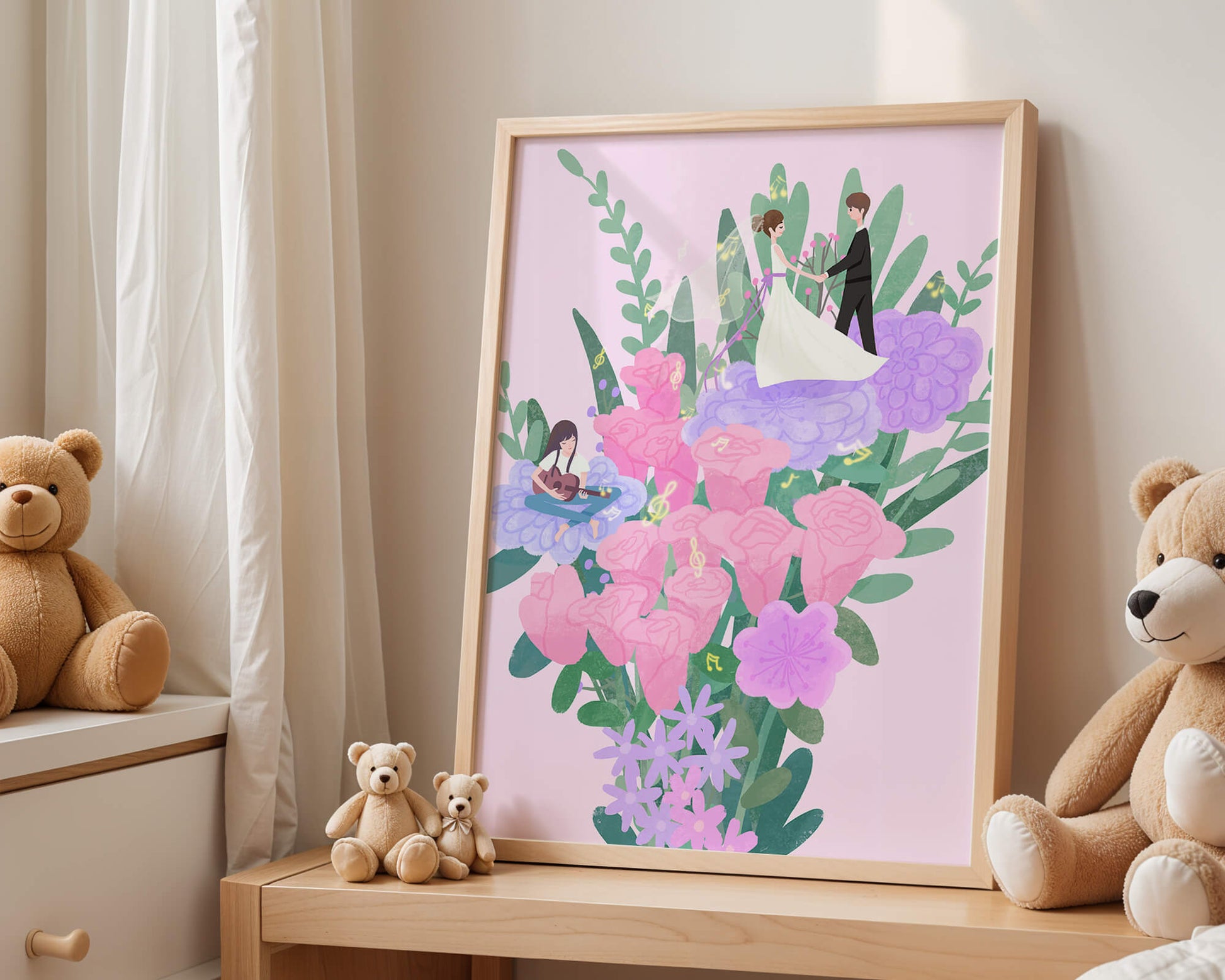 Whimsical wedding scene amidst colorful floral arrangement