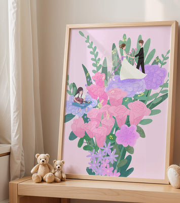 Whimsical wedding scene amidst colorful floral arrangement