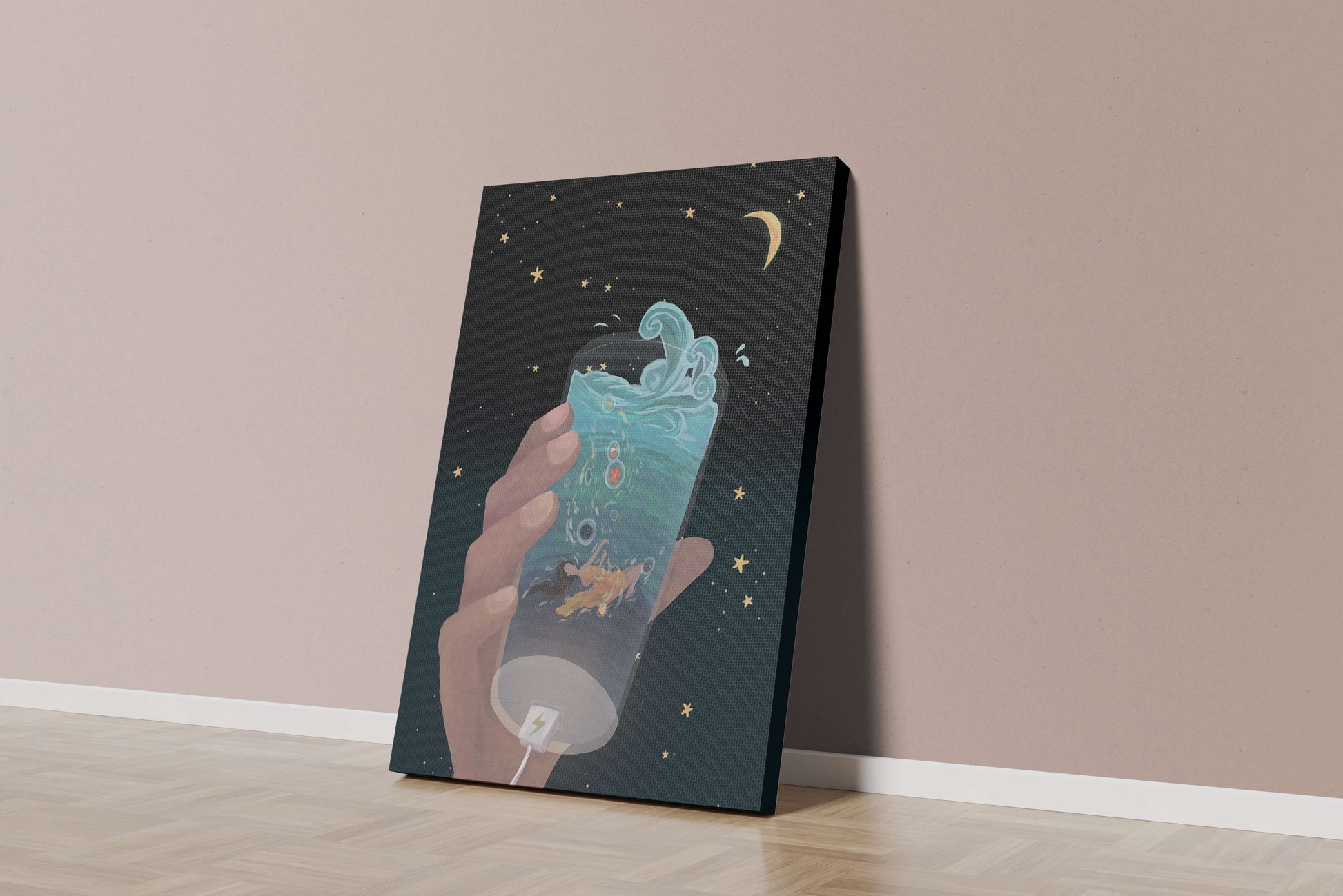 Abstract night sky scene with hand holding a glass of swirling water