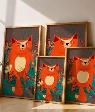 Illustration Of A Cute Orange Cat Surrounded By Stylized Trees And Plants