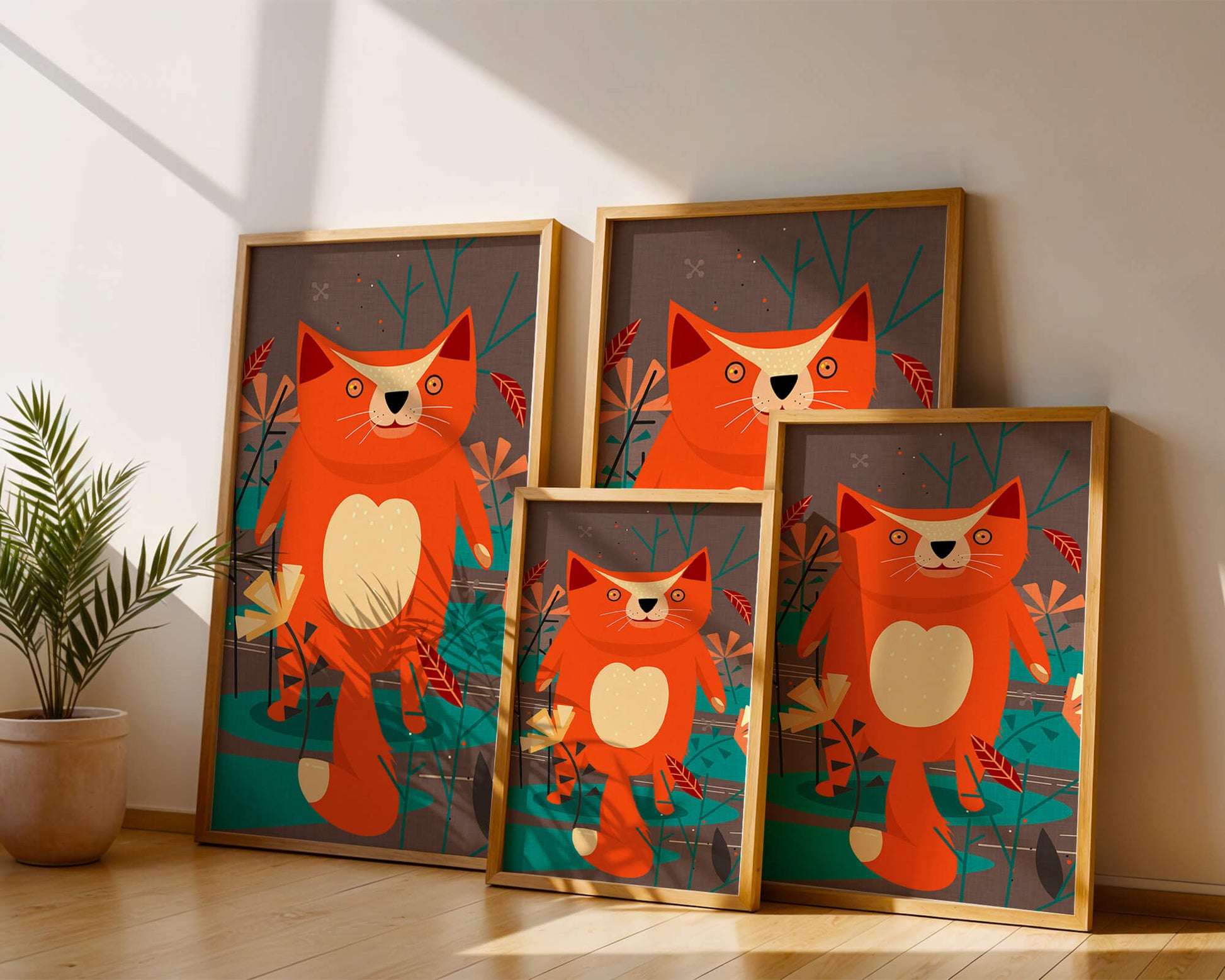 Illustration Of A Cute Orange Cat Surrounded By Stylized Trees And Plants