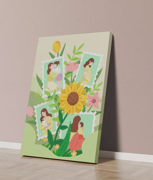 Ilustración de momentos familiares con fondo floral vibrante
