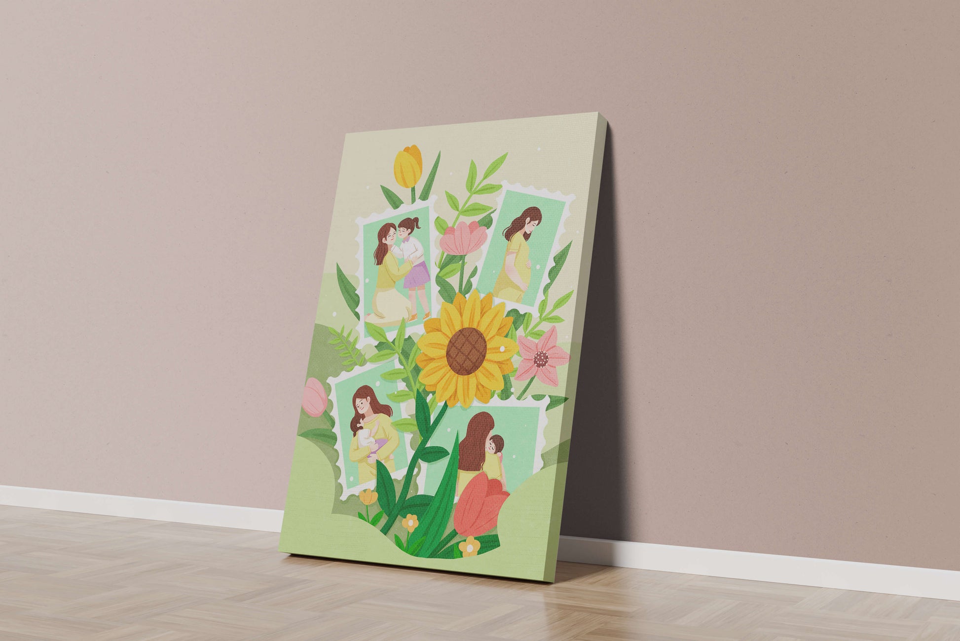 Ilustración de momentos familiares con fondo floral vibrante