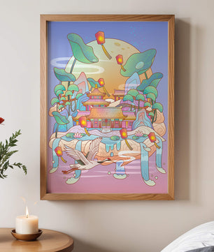 Illustration pittoresque d’un temple chinois avec des lanternes flottantes et un paysage serein